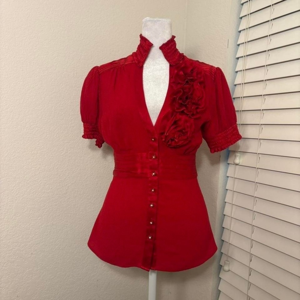 bebe Red Ruffled Short Sleeve Button Front Blouse